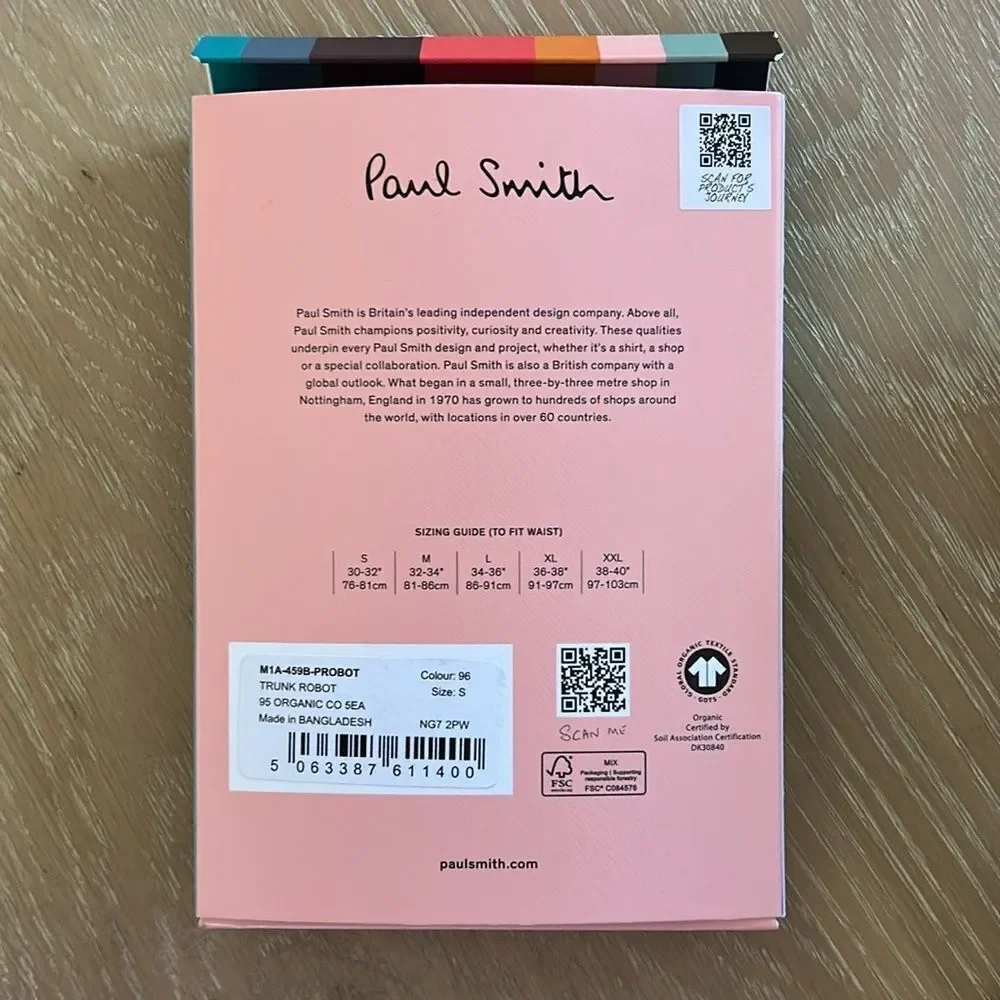 Paul Smith Single Organic Cotton Trunk Boxer Brief Robot Size Small, NWT